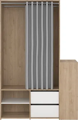 Produktbild von Kimmy Offener Kleiderschrank, mit Vorhang, 2 Schubladen, Schuhschrank Walnuss Nachbildung, weiß, Vorhang hellgrau.