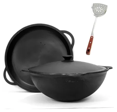 Produktbild von 22 L Kazan Deckelbratpfanne aus Gusseisen mit Aluminium Deckel  Pfannenschaufel Schwenktopf NAMANGAN Uzbek Camping Kasan Uzbekisch Cast Iron KESSEL Usbek Asia Topf