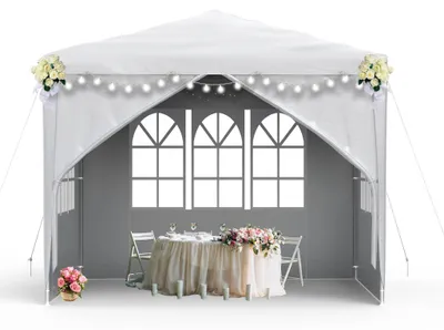 Immagine prodotto di QEENTOE, gazebo da giardino 3x3 metri, bianco, tenda in polietilene impermeabile con 4 pareti laterali, porta con cerniera, tenda per eventi in giardino