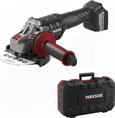 A cordless angle grinder and its storage case are shown against a white background.