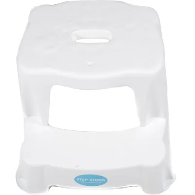 Produktbild von 2 Tritt-Hocker für Kinder als Stehhilfe fürs Waschbecken und zum Sitzen, gummierte Füße, 2 Stufen, aufgeraute Stehfläche, Eingriff zum Tragen, leicht, Kunststoff, Tragkraft max. 45 kg, Farbe Weiß