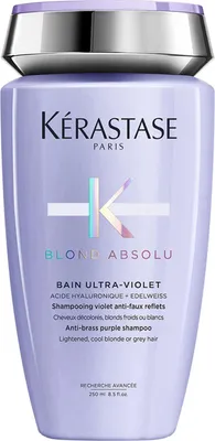 A bottle of Kerastase Blond Absolu Bain Ultra-Violet shampoo.