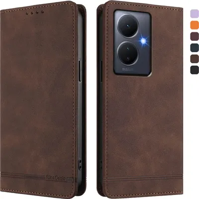 Image de Etui pour Vivo Y78 Plus, étui rétro en cuirPolyuréthaneavec support et fentes pour cartes de crédit Marron