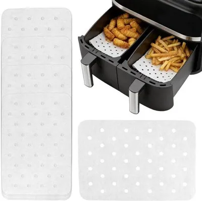 Productafbeelding van 200 stuks bakpapier met gaatjes, geschikt voor airfryer en oven, afmetingen 14x20,5 cm, antiaanbaklaag, ideaal voor gegrilde kip, steaks en taarten, perfect voor snacks en bakken