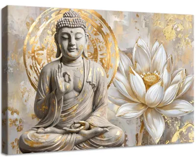 Wandbild Buddha Lotusblumen Leinwand 120x80 cm Beige Grau Gold