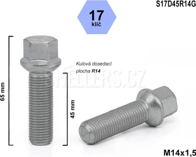 Obrázek produktu pro Kolový šroub M14x1,5x45 kulový R14, klíč 17, S17D45R14G, výška 65 mm