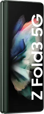 A close-up, side view of a dark green Samsung Galaxy Z Fold3 5G smartphone, partially open, displaying a colorful abstract wallpaper on its screen.