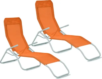 Two orange lounge chairs on a white background.