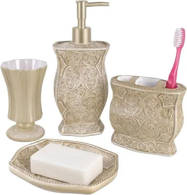 Image de Ensemble d'accessoires de salle de bain, comprenant : distributeur de savon, porte-brosses à dents, gobelet et savonnette. Idéal pour la salle de bain