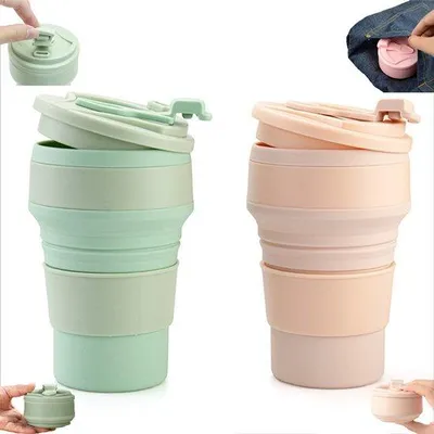 Immagine prodotto di Set da 2 - Tazza pieghevole in silicone - 350 ml - Tazza da viaggio pieghevole - Senza BPA - Tazza pieghevole con coperchio - verde e rosa - Ideale per picnic, campeggio, escursioni e viaggi.