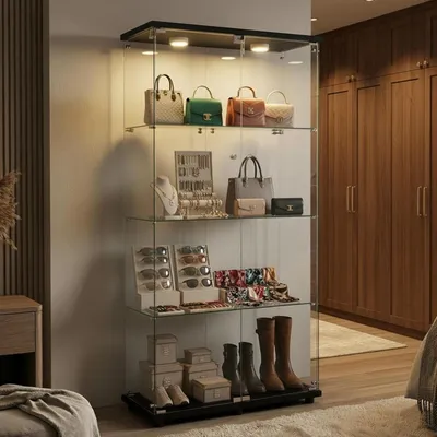 Immagine prodotto di Vetrina espositiva in vetro con illuminazione a LED, altezza 164,5 cm, 2 ante, 4 ripiani, colore nero