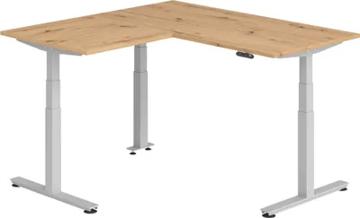 Produktbild von bümö Eckschreibtisch elektrisch höhenverstellbar L-Form - Gestell: Silber, Nachbildung: Asteiche, Größe: Eckschreibtisch 160 x 160 cm