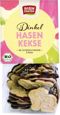Produktbild von Rosengarten Dinkel-Osterhasen-Kekse mit Zartbitterschokoladenboden und Kokosraspeln -- 150g