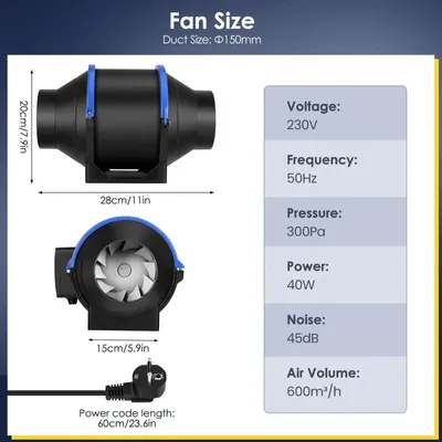 Immagine prodotto di Ventilatore da incasso per condotti - Ventilatore di scarico da 150 mm (15 cm) - Velocità regolabile - Ventilatore per bagno e WC - Ventilatore da incasso per condotti di ventilazione