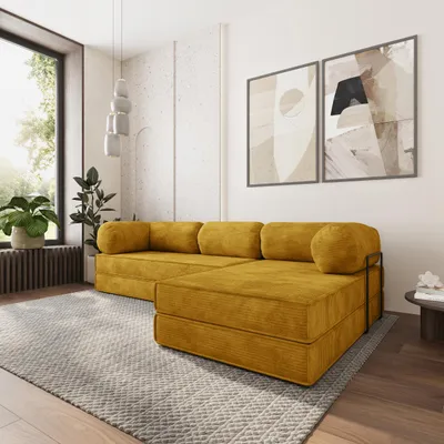 Produktbild von Masseno Ecksofa ETERA mit Metallgestell, Modulares Schlafsofa aus Schaumstoff, Klappbares Bodensofa, Schlaffunktion - Gelb, POSO 01