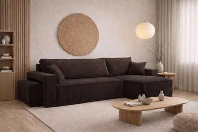 Image de Canapé d'angle  avec fonction couchage et pouf, velours côtelé Poso, marron, version droite, BEST L avec pouf