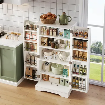 Image de OKWISH Buffet avec LED - 2 Portes et Étagères Réglables, Meuble de Rangement pour Cuisine ou Salle à Manger, MDF, 60x40x120 cm, Blanc