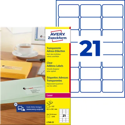 Produktbild von Avery Zweckform L7560-25, Adress-Etiketten, A4, 63,5 x 38,1 mm, 525 Etiketten / 25 Bögen, transparent