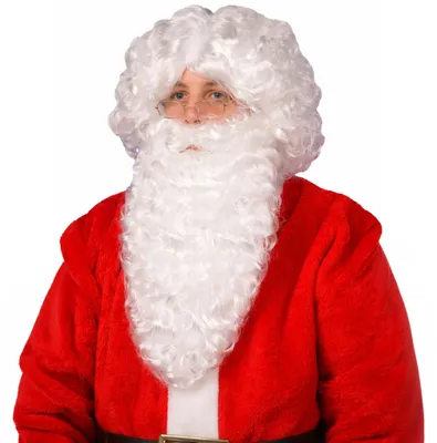Erwachsener im Weihnachtsmann-Kostüm mit weißer lockiger Perücke und langem Bart, Detailaufnahme vor hellem Hintergrund.