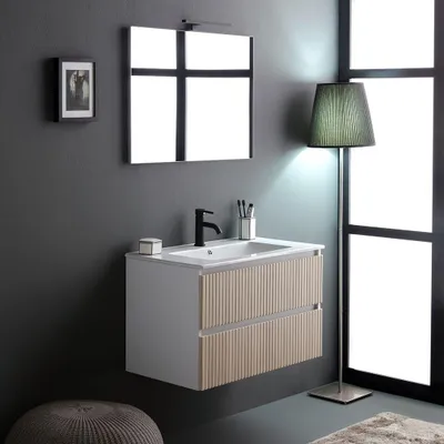 Immagine prodotto di Mobile bagno cannettato 80cm bianco e rovere con  specchio 80x60 | Bilbao