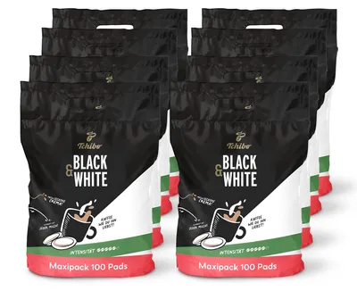 Immagine prodotto di Confezione risparmio di cialde di caffè Tchibo Maxipack, BLACK&WHITE, 800 pezzi – 8 confezioni da 100 cialde (caffè corposo dal gusto intenso), sostenibili, adatte alle macchine Senseo