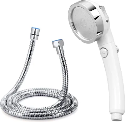 Produktbild von Handbrausen, Duschkopf mit Ein/Auss Taste und 1.5 m Edelstahl Schlauch, 3 Strahlarten Wassersparend Druckerhöhend Duschkopf, Universal Chrom Duschbrause für Sprühung Massage - Weiß