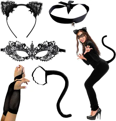 Produktbild von Karneval Kostümset Damen, 5-teilig, schwarzes Katzenkostüm, mit Spitzenmaske, Katzen Schwanz