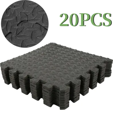 Produktbild von 20x EVA Schutzmatten Schutzmattenset Bodenschutzmatten Fitnessschutzmatten Trainingsmatten Unterlegmatten Sets in Blattmuster schwarz 30x30cm