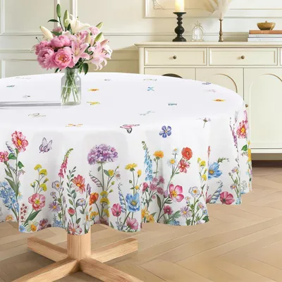 Produktbild von Tischdecke Rund 180 cm Frühling Blumen Garten Schmetterlinge Bunt Lila