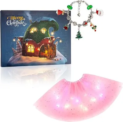 A collage of a Christmas advent calendar, a charm bracelet, and a light-up tutu.