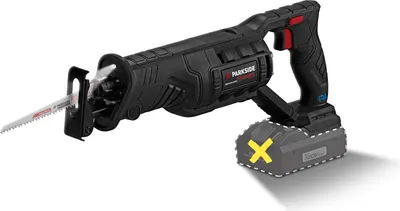 A black cordless reciprocating saw with a battery pack attached, shown against a white background.