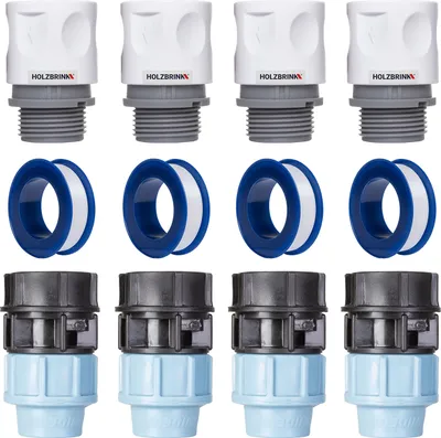 Produktbild von HOLZBRINK Set zum Anschluss von Verlegerohr 25mm an den Wasserhahn: 4x Schnellanschluss 20mm, 4x Verbindung PE 20mm auf 25mm, 4x Teflonband