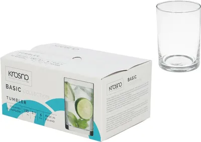 A product shot of a box of Krosno Basic Collection tumblers and a single tumbler.
