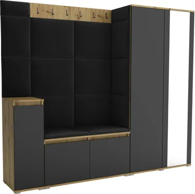 Produktbild von Garderoben-Set Noris VIII mit Spiegel, gepolsterte Garderobe 145 cm mit Schuhkommode, Wandpaneelen und Sitzbank (Farbe: Artisan Eiche/Schwarz+ Trinity 16)