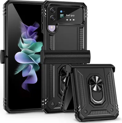Obrázek produktu pro Pouzdro pro Samsung Galaxy Z Flip 3 5G, dvouvrstvé robustní, vojenská ochrana, s ochranou pantu, držákem prstenu a stojánkem černé