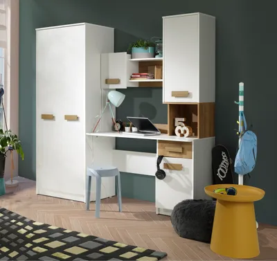 Produktbild von Design Möbel - Gustavo MINI Set - Schreibtisch, großer Kleiderschrank, zwei kleine Schränke, zwei Regale - Weiß, Eiche Riviera