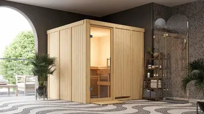 Produktbild von Elementsauna Karibu Rodina ohne Ofen ohne Dachkranz mit Ganzglastüre aus Klarglas