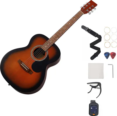 Immagine prodotto di SucceBuy Chitarra acustica Dreadnought, 1016 mm, set per chitarra acustica con borsa da concerto, accordatore, tracolla, corde in acciaio, plettri, capotasto, tastiera in palissandro, per adulti, Sunburst