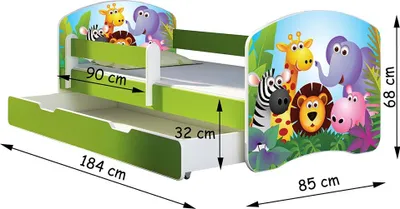 A children's bed with a jungle animal theme, shown with a pull-out drawer.