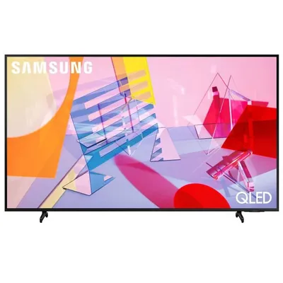 A Samsung QLED television displaying abstract colorful graphics.