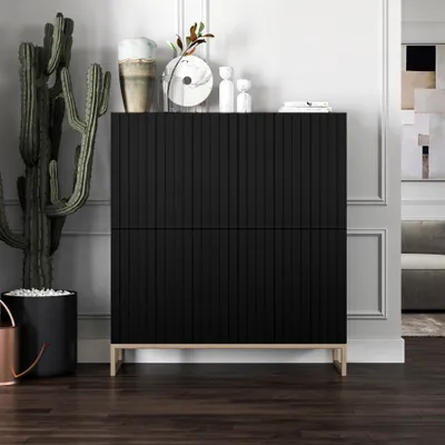 Obrázok produktu pre Komoda RTV Glamour 4D TV skrinka Moderný nábytok Lindner 112cm x 36,5cm x 126cm Farba: Čierna matná Rám: Zlatý kovový