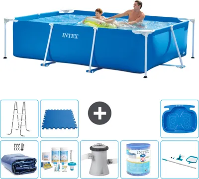 Produktbild von Intex-Schwimmbecken mit rechteckigem Rahmen – 260 x 160 x 65 cm – Blau – im Lieferumfang enthalten Sonnensegel - Wartungspaket - Filterpumpe für Schwimmbad - Filter - Reinigungskit - Leiter