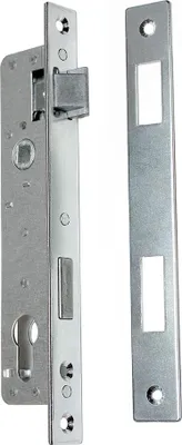 A metal door lock mechanism and its strike plate are shown against a white background.