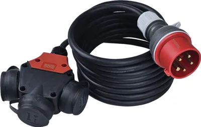 Produktbild von CEE Schuko Adapter - 380V auf 220V - Starkstrom Adapter 16A - Stecker auf 3X 220V Schuko Kupplung, 5x2,5mm Gummi Starkstromkabel 5 Meter, Verlängerungskabel
