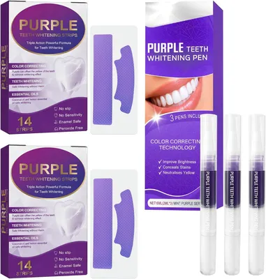 Produktbild von 28 Stück Whitening Strips Lila (für 14 Anwendungen), Bleaching Stripes, 3 Stück Zahnaufhellung Stift, Entfernt Schnell Verfärbungen, Schonende Formel