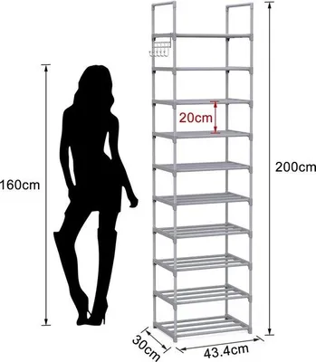 Obrázok produktu pre Uniqoos® Úzka kovová polička na topánky, 30 x 43,4 x 200 cm – 10 nastaviteľných políc, úsporná, pojme až 20 párov topánok, s háčikmi, vrátane dreveného kladivka