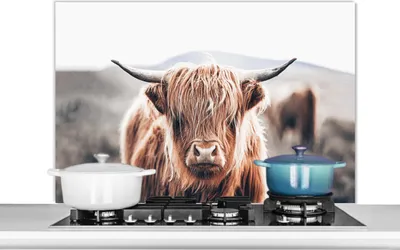 Produktbild von KitchenYeah®  Spritzschutz Küche - Küchenrückwand - Wandschutz für Herd und Spüle - Schottisches Hochlandrind - Berg - Hoorn 100x65 - Alu-Dibond (Alternative zum Spritzschutz aus Glas) - Hitzebeständi