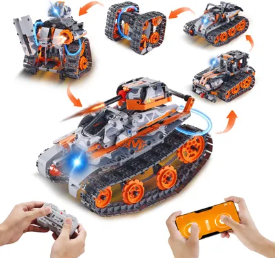 A STEM building toy kit for children, showcasing a remote-controlled tank and its various configurations, with hands operating a remote control and a smartphone app.