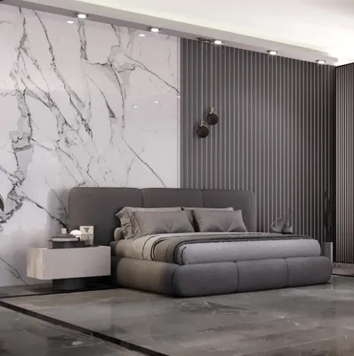 Image de Ensemble de chambre à coucher moderne comprenant un lit rembourré, des tables de chevet et une coiffeuse