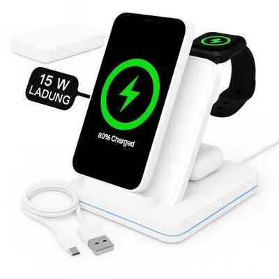 Produktbild von 3 in 1 Kabellose Ladestation Weiß für Apple Watch iPhone Samsung Google - Induktives Ladegerät Wireless Charger Dock für Handy Earbuds